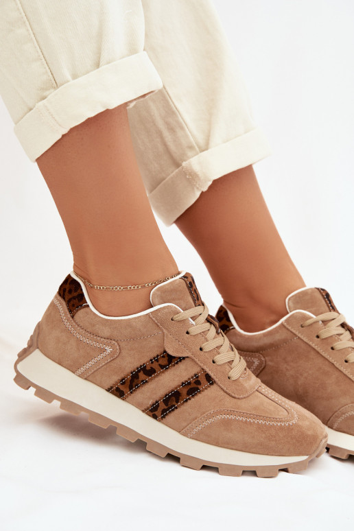zamšādas Sneakers modeļa apavi Sieviešu ar platformu ar leoparda kažokādas rakstu S.Barski LR61-7071 brūnas krāsas