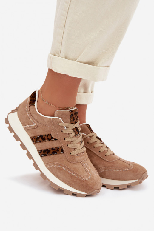 zamšādas Sneakers modeļa apavi Sieviešu ar platformu ar leoparda kažokādas rakstu S.Barski LR61-7071 brūnas krāsas