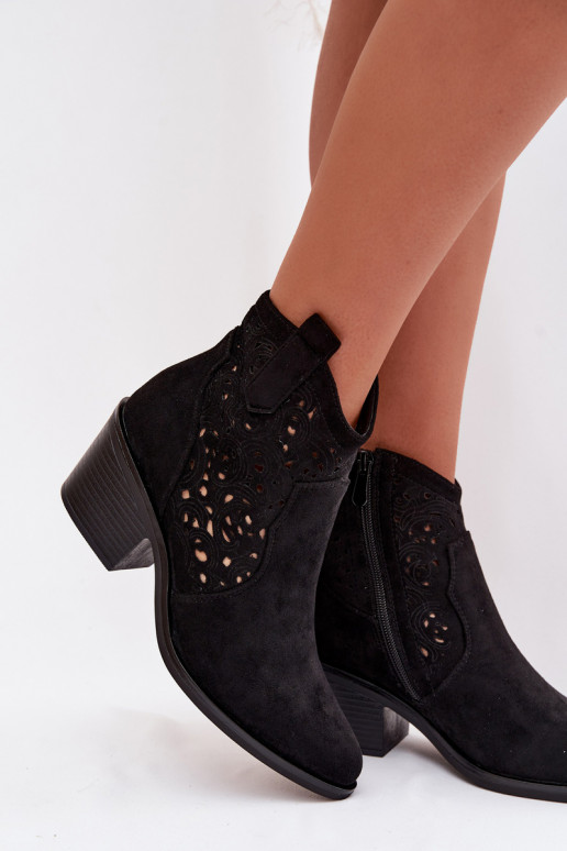 Ažūrēti sieviešu kaubojiski stila zābaki ar papēžiem S.Barski HY61-8012 melnā krāsā