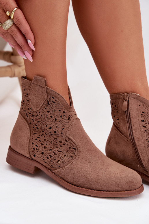 Ažūrēti sieviešu zābaki ar platām papēžiem S.Barski HY61-8026 brūnā krāsā