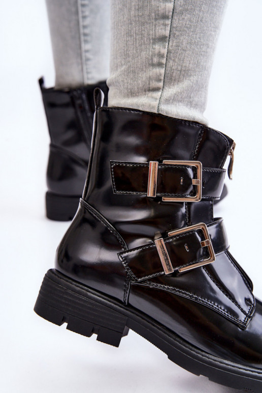 Sieviešu siltināti Sieviešu puszābaki ar platiem papēžiem ar rāvējslēdzējiem melnas krāsas Joshie