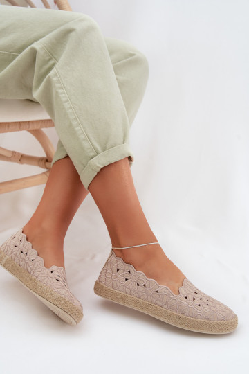 Espadrilles ar ažūru elementiem un ziedu motīviem smilšu krāsā Merivelle