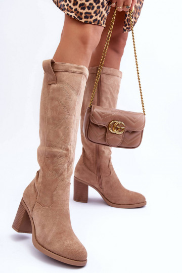 zamšādas sieviešu garie zābaki ar papēdi smilšu krāsas Khabira 2