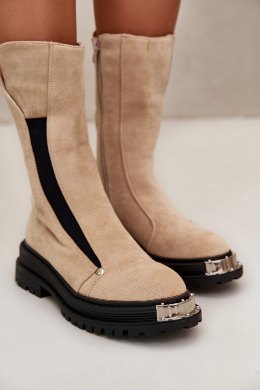 zamšādas siltināti Sieviešu puszābaki ar platiem papēžiem Ziloņkaula krāsas Palimra