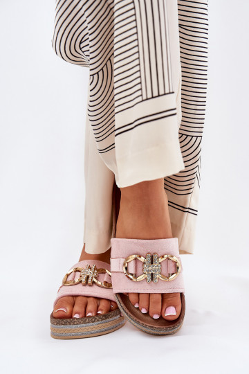 sieviešu čības ar platformu ar mirdzumu I Złotą Ozdobą Rozā krāsas Rilirea