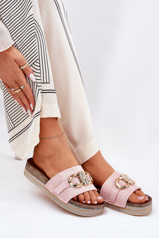 sieviešu čības ar platformu ar mirdzumu I Złotą Ozdobą Rozā krāsas Rilirea