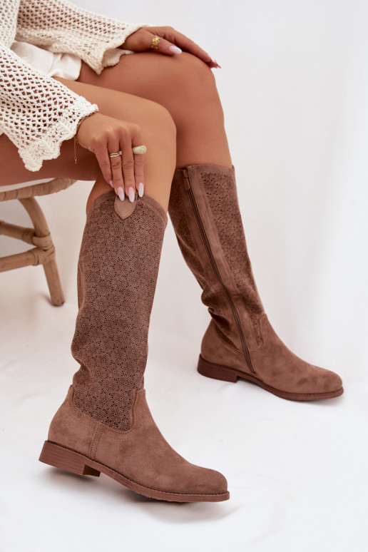 sieviešu garie zābaki Ar ažūra rakstu ar platiem papēžiem S.Barski HY61-8022 brūnas krāsas