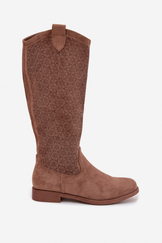 sieviešu garie zābaki Ar ažūra rakstu ar platiem papēžiem S.Barski HY61-8022 brūnas krāsas