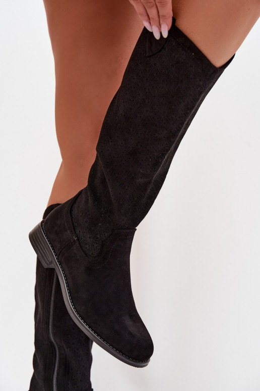 sieviešu garie zābaki Ar ažūra rakstu ar platiem papēžiem S.Barski HY61-8022 melnas krāsas