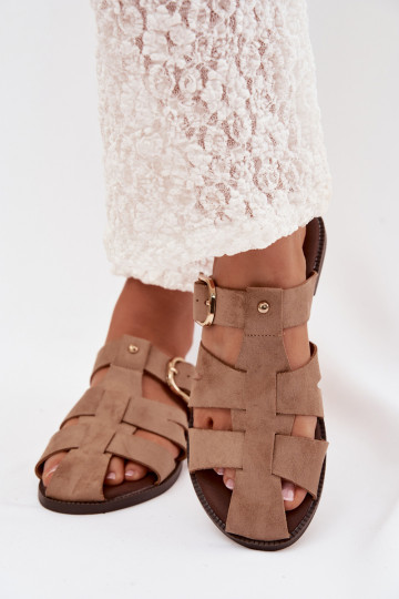 sieviešu čības ar platiem papēžiem Ar svītrām I Złotą ar sprādzēm smilšu krāsas Elzora