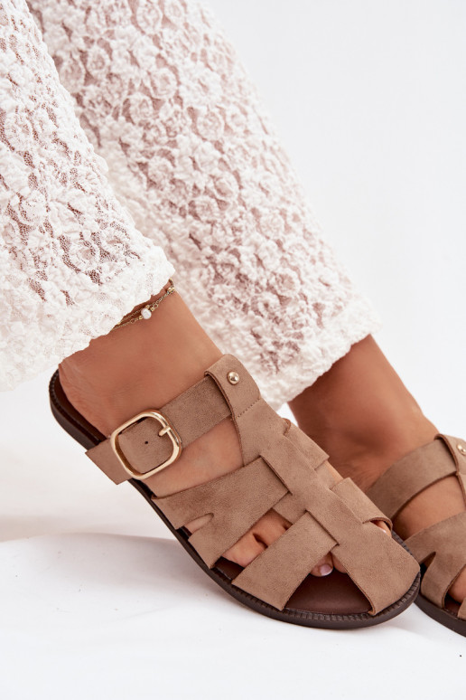 sieviešu čības ar platiem papēžiem Ar svītrām I Złotą ar sprādzēm smilšu krāsas Elzora