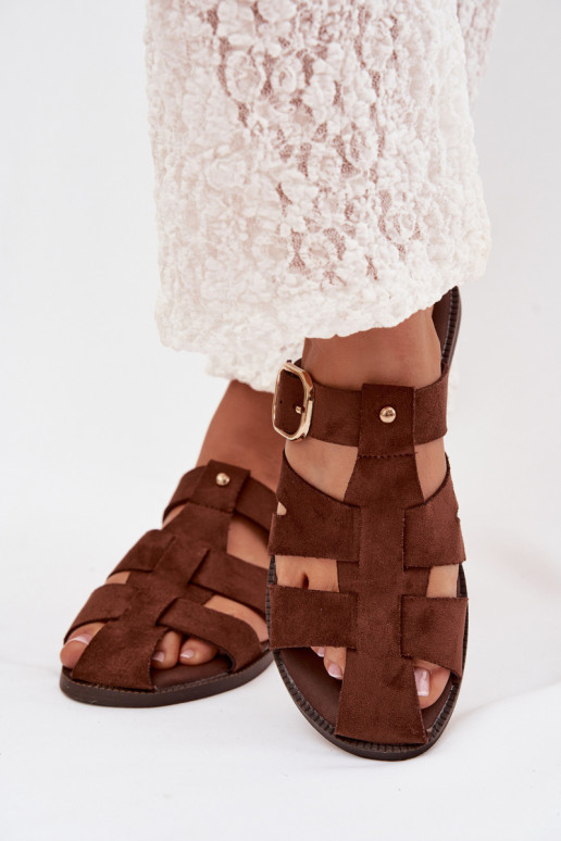 sieviešu čības ar platiem papēžiem Ar svītrām I Złotą ar sprādzēm brūnas krāsas Elzora