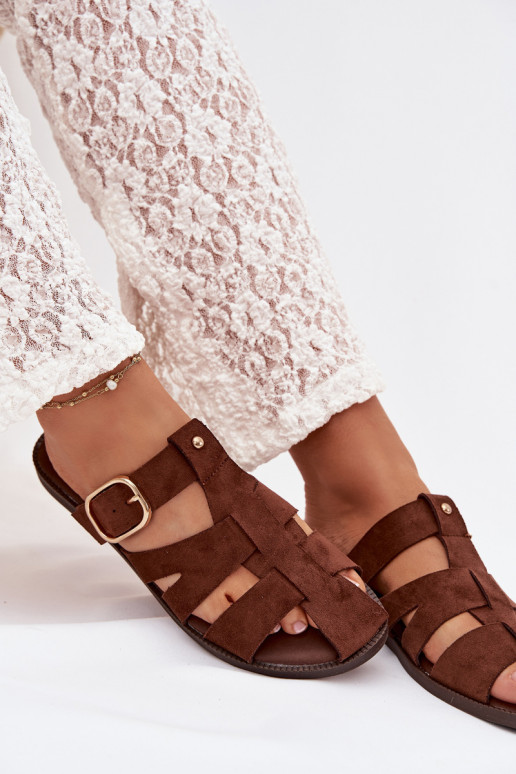 sieviešu čības ar platiem papēžiem Ar svītrām I Złotą ar sprādzēm brūnas krāsas Elzora