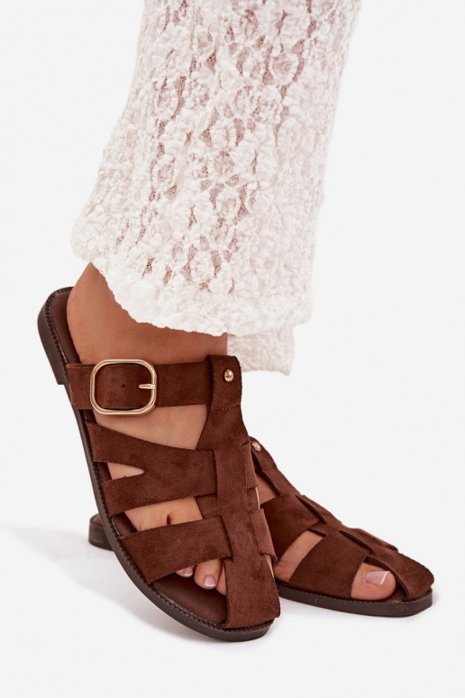 sieviešu čības ar platiem papēžiem Ar svītrām I Złotą ar sprādzēm brūnas krāsas Elzora