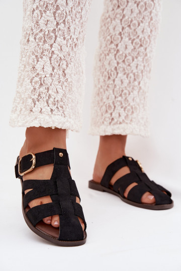 sieviešu čības ar platiem papēžiem Ar svītrām I Złotą ar sprādzēm melnas krāsas Elzora 2