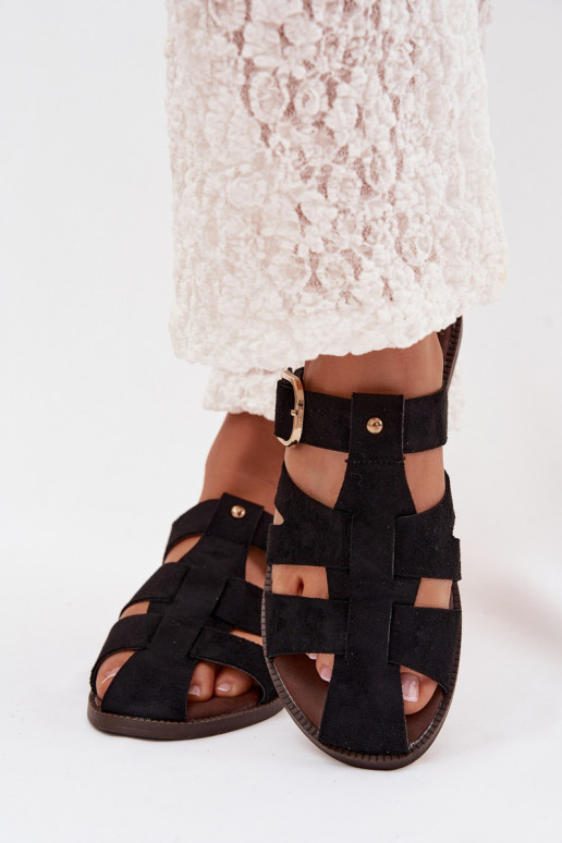 sieviešu čības ar platiem papēžiem Ar svītrām I Złotą ar sprādzēm melnas krāsas Elzora