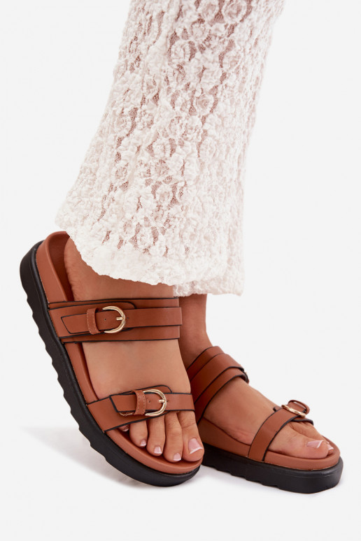 sieviešu čības ar platformu Ar svītrām I Zelta krāsasmi ar sprādzēmmi brūnas krāsas Rirea