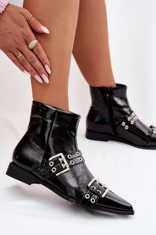 Laque Sieviešu puszābaki ar platiem papēžiem Ar svītrām I ar sprādzēmmi melnas krāsas Hamira