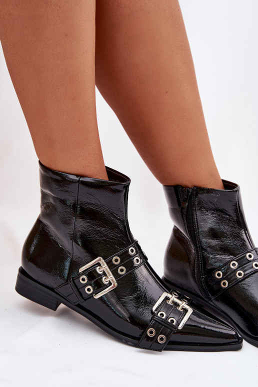 Laque Sieviešu puszābaki ar platiem papēžiem Ar svītrām I ar sprādzēmmi melnas krāsas Hamira