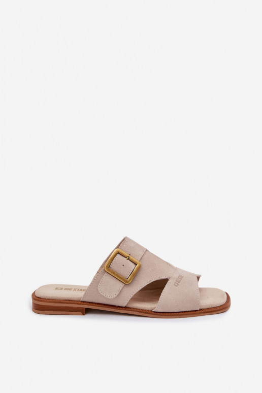 sieviešu zamšādas čības ar platiem papēžiem ar sprādzēm Big Star TT274476 smilšu krāsas