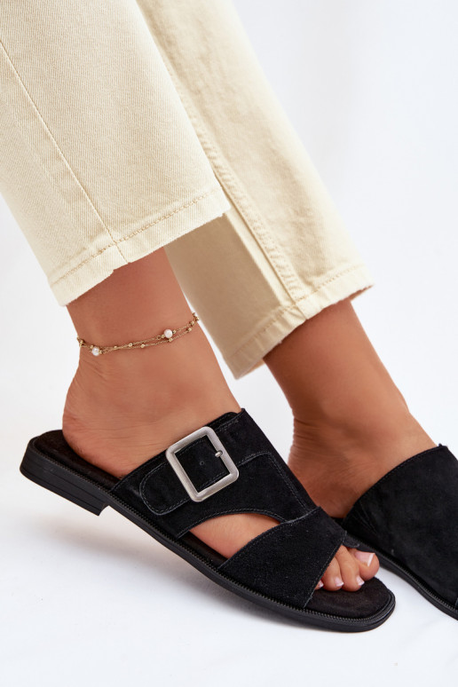 sieviešu zamšādas čības ar platiem papēžiem ar sprādzēm Big Star TT274477 melnas krāsas