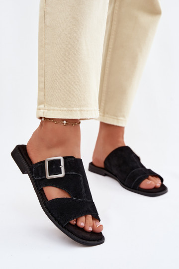 sieviešu zamšādas čības ar platiem papēžiem ar sprādzēm Big Star TT274477 melnas krāsas 2