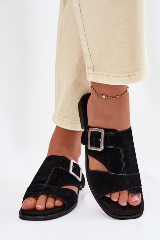 sieviešu zamšādas čības ar platiem papēžiem ar sprādzēm Big Star TT274477 melnas krāsas