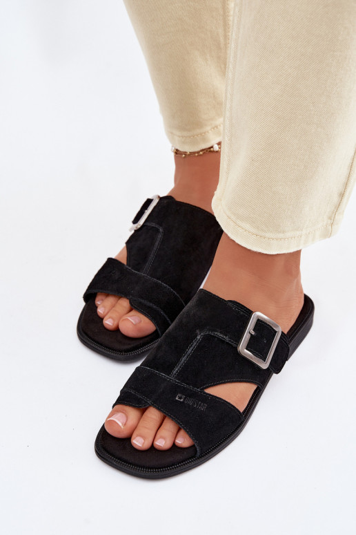 sieviešu zamšādas čības ar platiem papēžiem ar sprādzēm Big Star TT274477 melnas krāsas