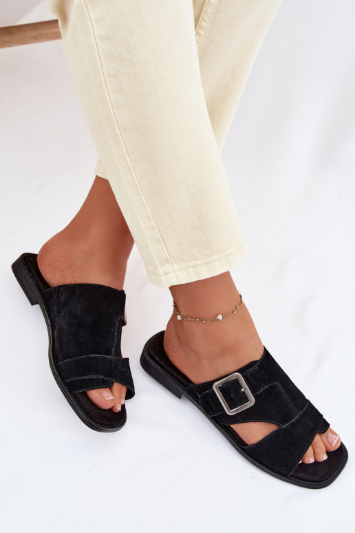 sieviešu zamšādas čības ar platiem papēžiem ar sprādzēm Big Star TT274477 melnas krāsas