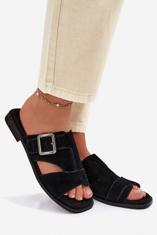 sieviešu zamšādas čības ar platiem papēžiem ar sprādzēm Big Star TT274477 melnas krāsas