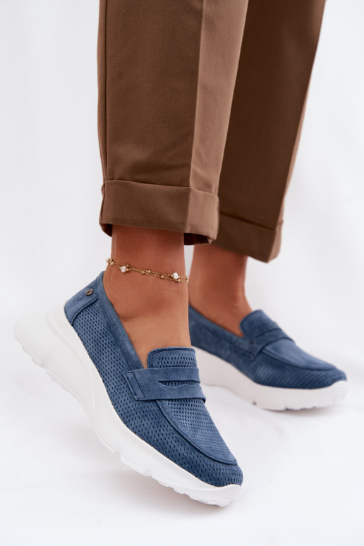 sieviešu mokasīniIeslēgtsturalnego zamšādasu ar platformu Vinceza 79626 tumši zilas krāsas