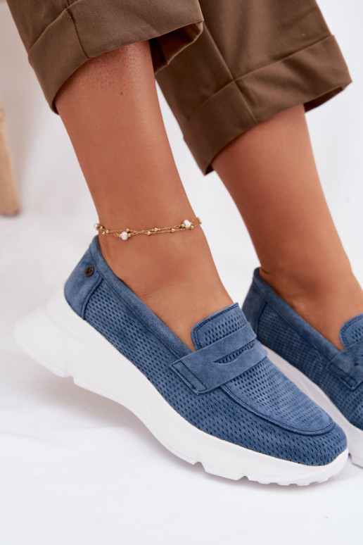 sieviešu mokasīniIeslēgtsturalnego zamšādasu ar platformu Vinceza 79626 tumši zilas krāsas