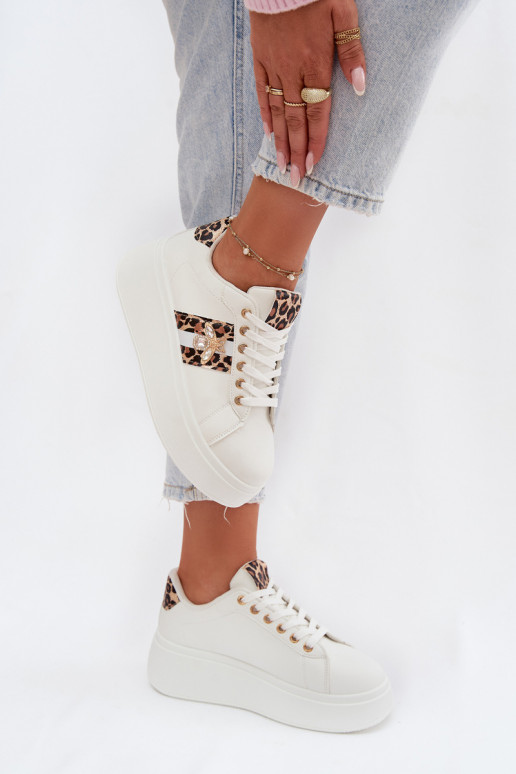 Sneakers modeļa apavi Sieviešu ar platformuPrzypinką baltas krāsas ar leoparda kažokādas rakstu Palvessa