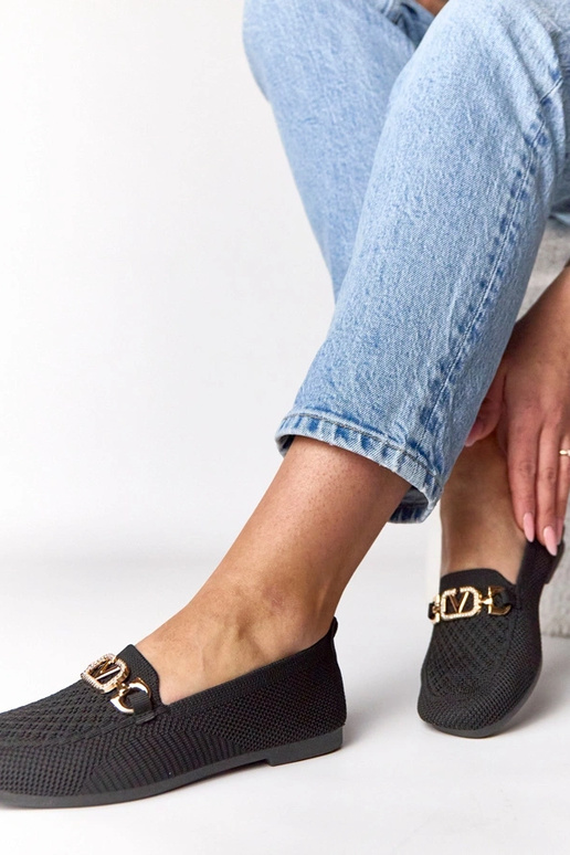 Melnā tekstila mokasīni ar zelta...