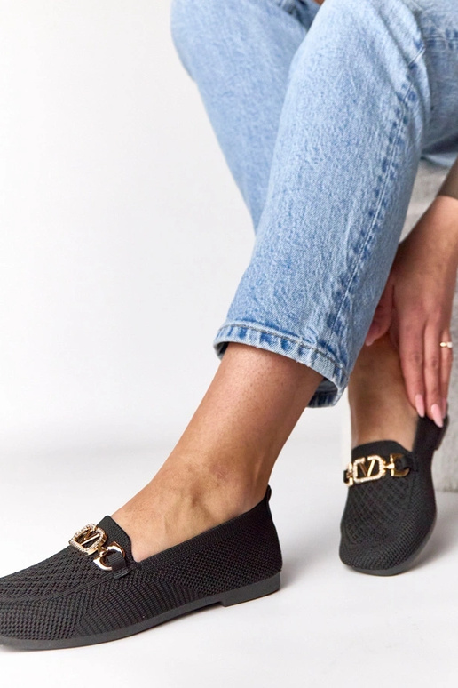 Melnā tekstila mokasīni ar zelta...