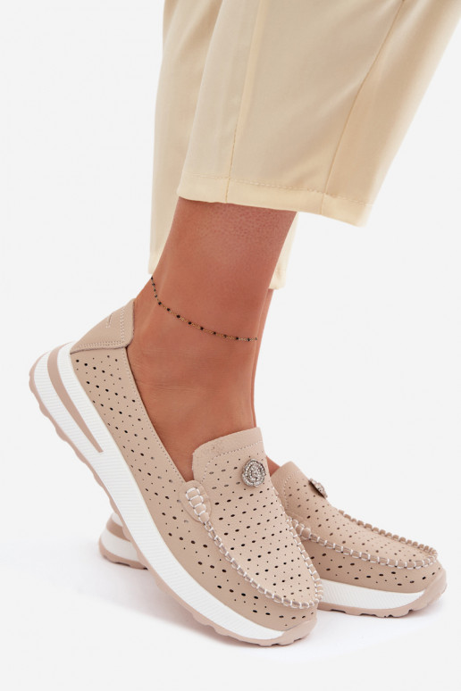 Ažūrs sieviešu mokasīniIeslēgtsturalnej Skóry smilšu krāsas Kemela