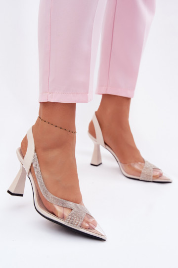 Caurspīdīgas sandales ar mirdzošiem spīdumiņiem ar papēdi Vinceza 62282 Ziloņkaula krāsas 2