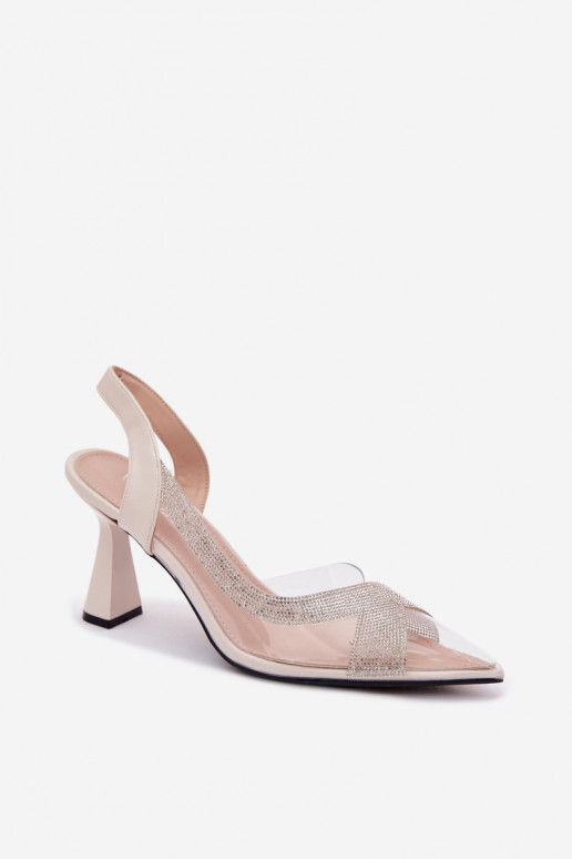 Caurspīdīgas sandales ar mirdzošiem spīdumiņiem ar papēdi Vinceza 62282 Ziloņkaula krāsas