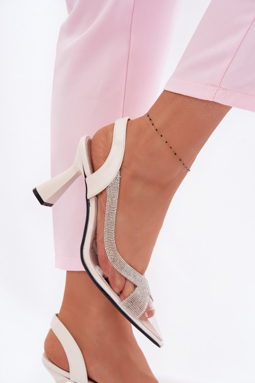 Caurspīdīgas sandales ar mirdzošiem spīdumiņiem ar papēdi Vinceza 62282 Ziloņkaula krāsas