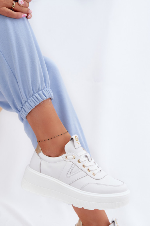 Ādas sieviešu sporta apavi ar platformu Vinceza 39976 baltas