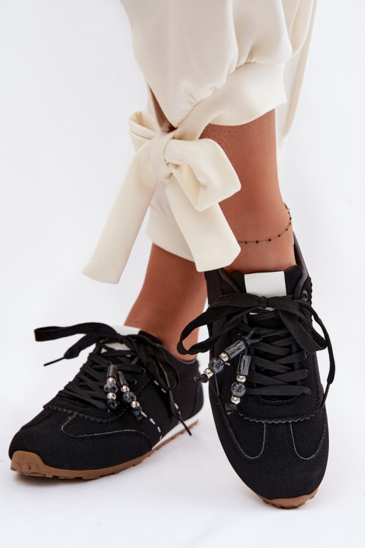 Sneakers modeļa apavi Sieviešu zemais un pērlītēm melnas krāsas Galora