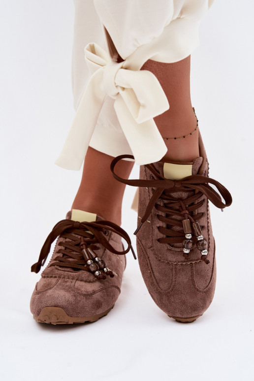 Sneakers modeļa apavi Sieviešu zemais un pērlītēm brūnas krāsas Galora