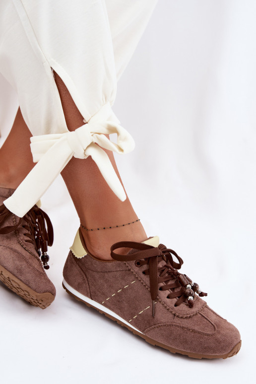 Sneakers modeļa apavi Sieviešu zemais un pērlītēm brūnas krāsas Galora