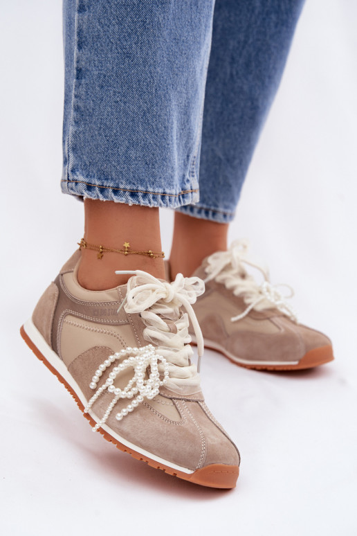Āda zamšādas Sneakers modeļa apavi Sieviešu Big Star TT274677 smilšu krāsas