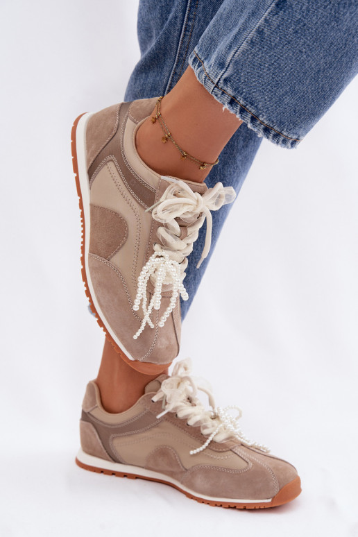 Āda zamšādas Sneakers modeļa apavi Sieviešu Big Star TT274677 smilšu krāsas