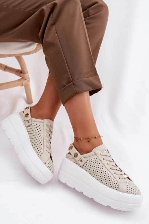 Āda Ažūrs Sneakers modeļa apavi Sieviešu ar platformu ar siksniņām Ieslēgts Pięcie D&A LR61-7088 smilšu krāsas