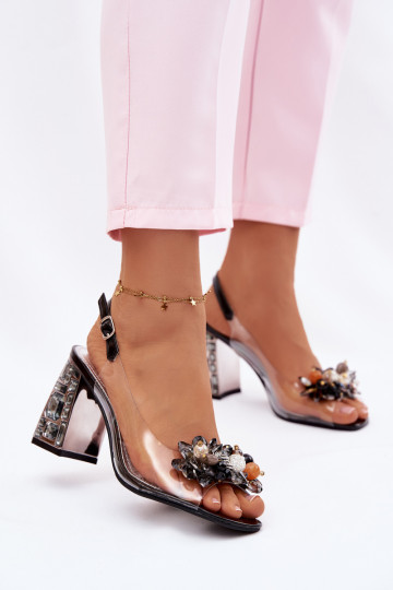 sandales Caurspīdīgas ar papēdi ar mirdzošiem spīdumiem Vinceza 70121 melnas krāsas