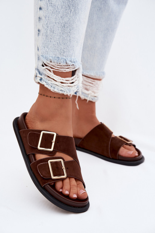 sieviešu čībasImitacji zamšādasu Zelta krāsas ar sprādzītēm CzekoladoIne Selissea