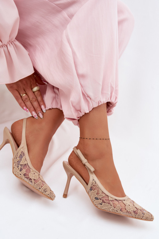 Sieviešu basenes ar papēdi ar mežģīnēm smilšu krāsas Pelivelle