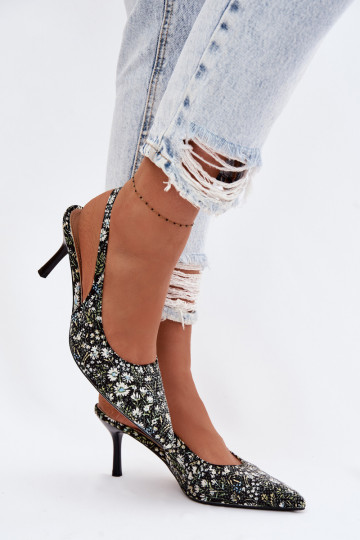 Dekorētas Sieviešu basenes ar papēdi ar puķītēm melnas krāsas Olivelle